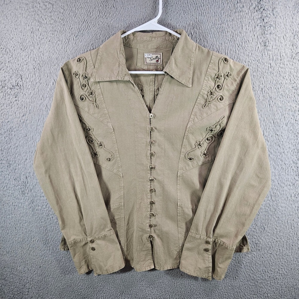 Scully Western Shirt Womens XXL Tan Peruvian Cotton Soutache Studded Embroidered